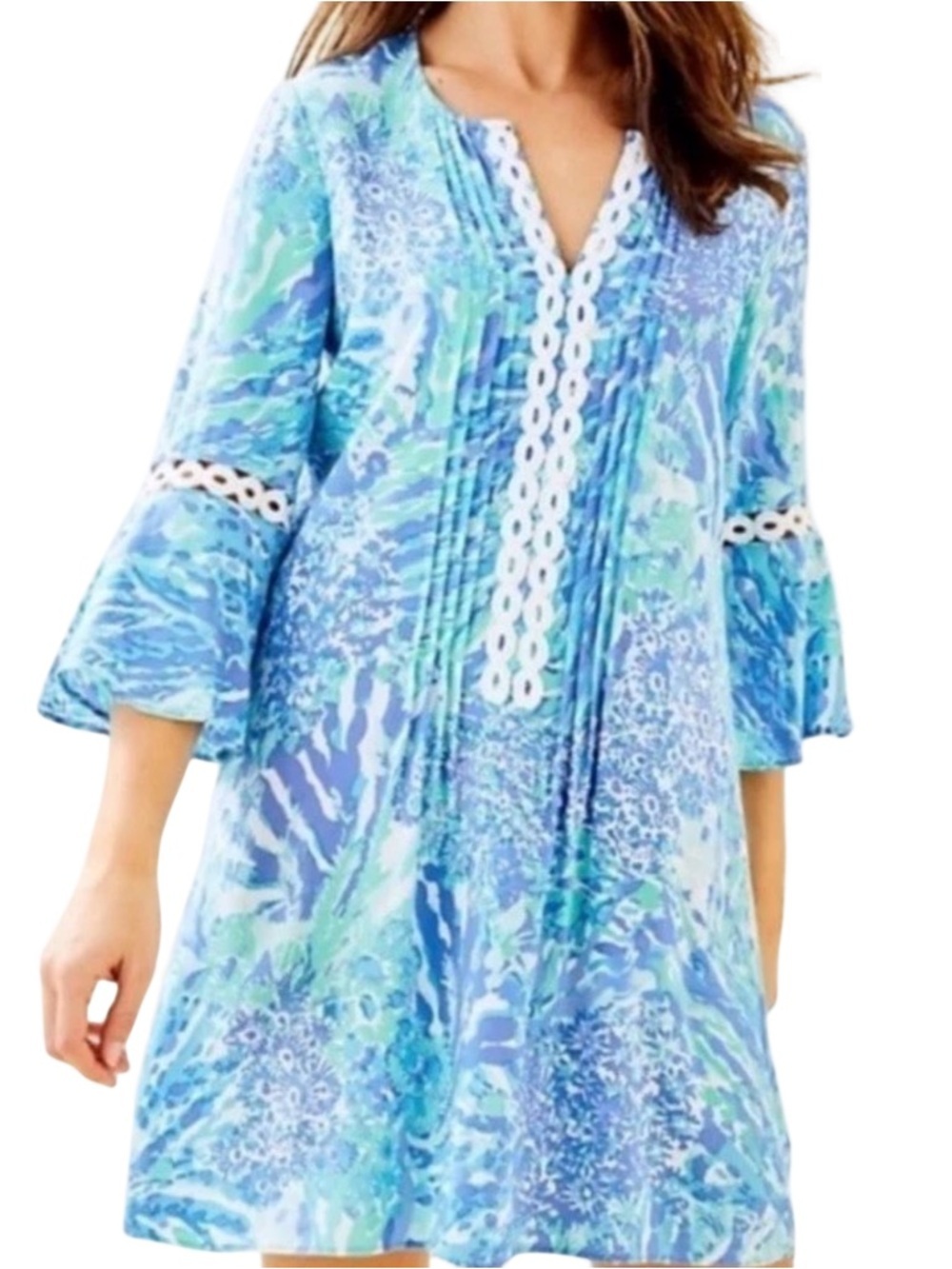 Lilly Pulitzer Blue & Aqua Tunic Dress Resort Wear Summertime Size Small P2P 19"
